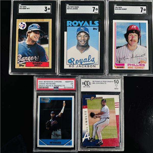Set of (5) Graded Baseball Cards - Jackson, Schmidt, Heyward, Smoltz & Witt