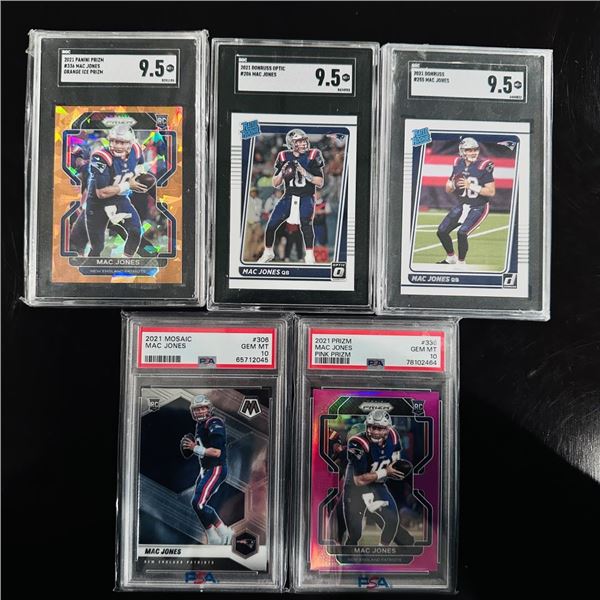 Set of (5) Mac Jones Rookie Cards - 2021 Prizm, Mosaic & Donruss - PSA & SGC Gra