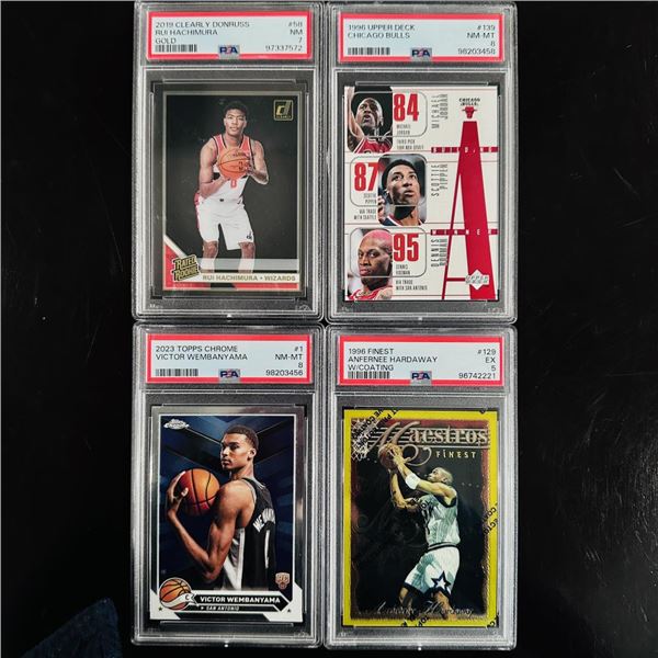 Set of (4) Basketball Cards - Wembanyama, Hachimura, Hardaway & Bulls Trio - All