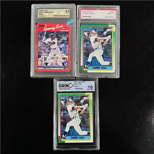 Set of (3) Sammy Sosa Rookie Cards - 1990 Donruss & Topps, Mixed Grading