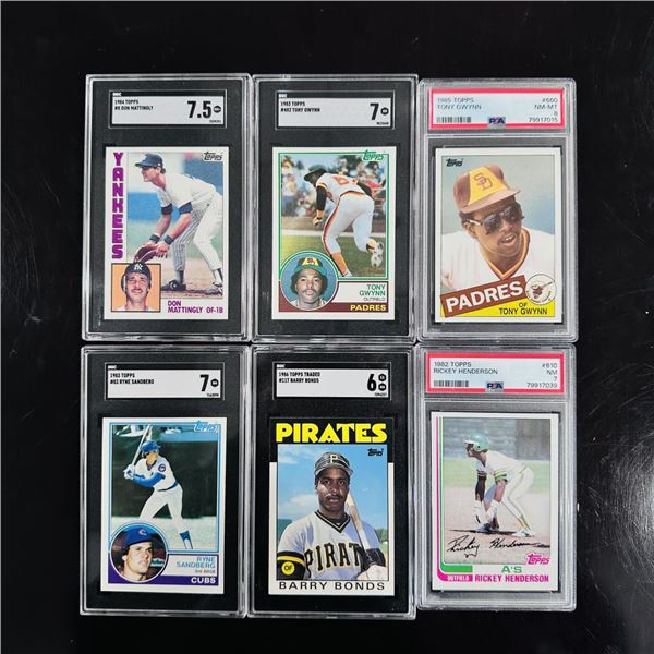 Set of (6) Baseball Cards - Mattingly, Gwynn, Bonds & More - Graded