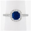 Image 2 : Platinum GIA NO HEAT Cushion Sapphire Solitaire w/ Diamond Halo Engagement Ring