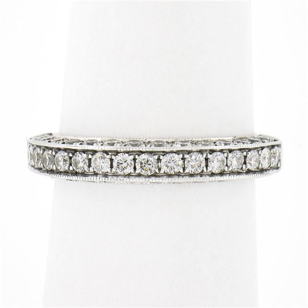 Estate 18k White Gold 0.90 ctw Pave Diamond 3.7mm 3 Sided Wedding Stack Band Rin