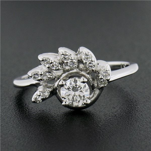 Vintage Solid 14k White Gold 0.45 ctw Round Solitaire Diamond w/ Flame Ring