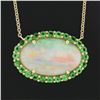 Image 4 : NEW 14k Gold 6.31 ctw GIA Oval Cabochon Opal w/ Emerald Halo Pendant Necklace