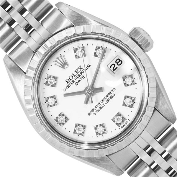 Rolex Ladies Stainless Steel White Diamond Dial Engine Turn Bezel Date Watch 26M