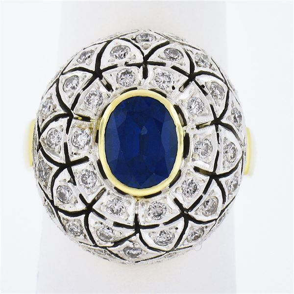 18k TT Gold Oval Bezel Sapphire w/ 1.7 ctw Diamond Milgrain Mosaic Dome Bombe Ri