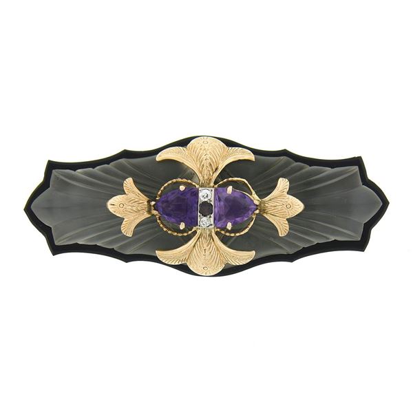 Antique 18k Gold Amethyst & Diamond Carved Camphor Glass Black Onyx Pin Brooch