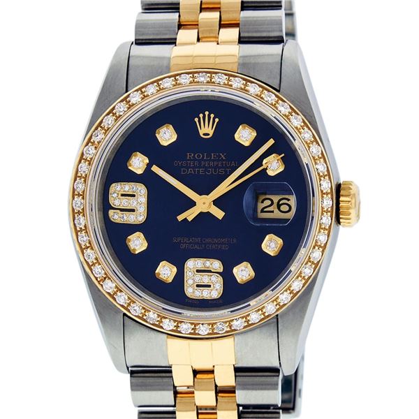 Rolex Mens Two Tone 18K Yellow Gold And Stainless Steel Blue Arabic Diamond 36MM