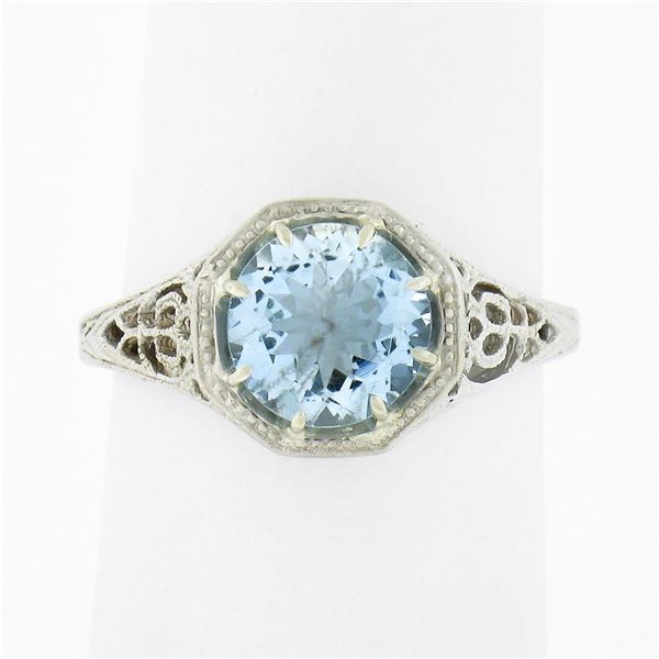 Vintage 14K White Gold 1.32 ctw Round Aquamarine Solitaire Open Filigree Work Ri