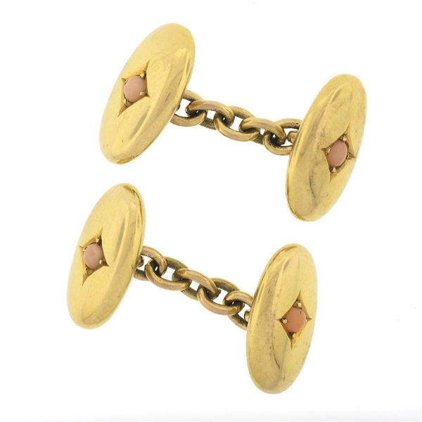Antique Victorian 15k Gold Angel Skin Coral Polished Puffed Oval Cufflinks