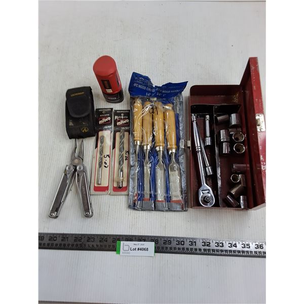 Socket Set, Chisel Set, Leatherman Multi-Tool, Misc.