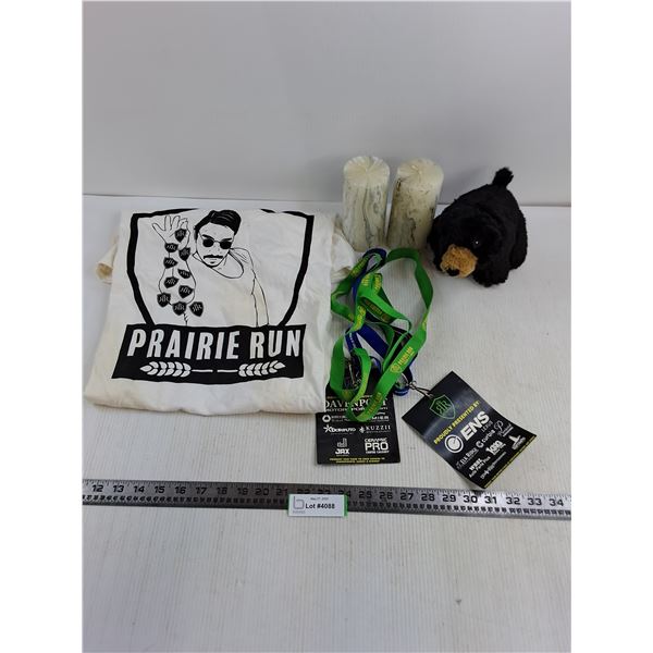 Lanyards, Candles, Stuffed Toy Bear, "Prairie Run" T-Shirt - Size Large - Some Stains