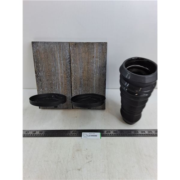 Pair of Wall Sconce Candle Holders, Black Vase - 10" High