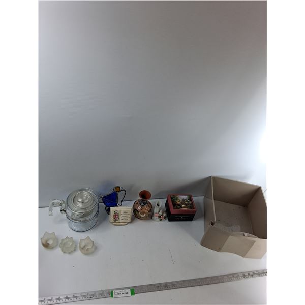 Assorted Items - Stained Glass Angel, (3) Candle Holders, Small Vase, Misc