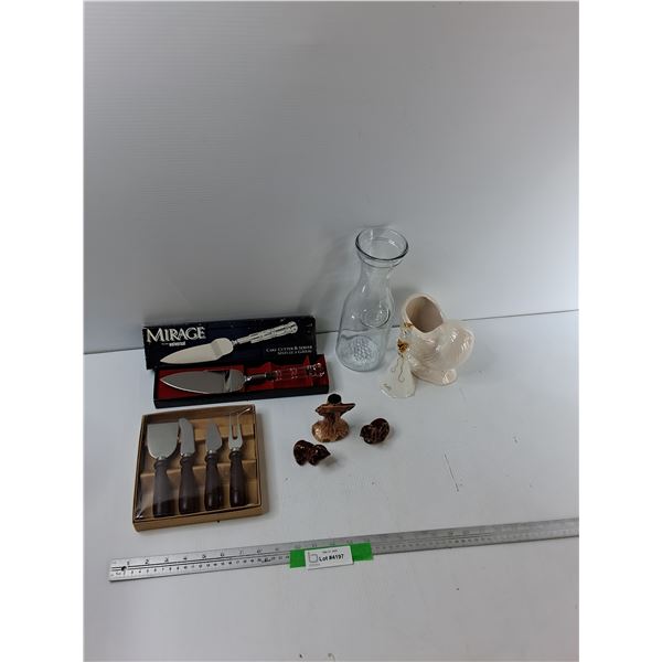 Assorted Items - Cake Cutter And Server, Cheese Knife And Utensils, Salt And Paper Shaker, Misc