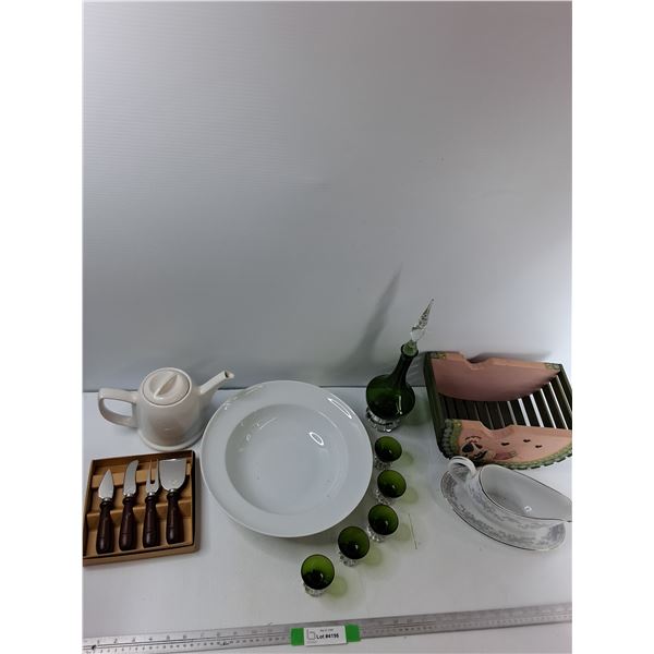 Assorted Items, Serving Bowl, Cheese Knife and Utensils, Teapot, Misc