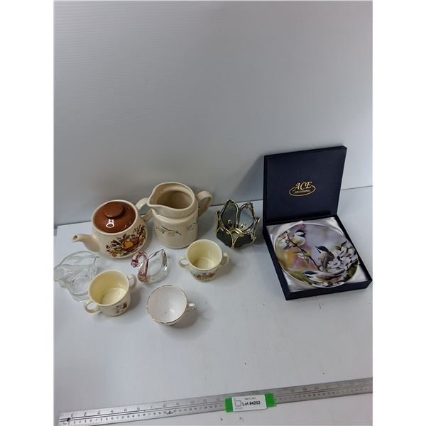 Assorted Items - (3) Cups,Plate, Candle Holders
