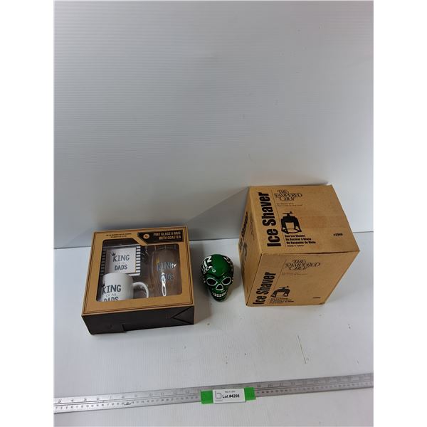 The Pampered Chef Ice Shaver, Kraft Gifts Pint Glass And Mug, Roughriders Ceramics Skull