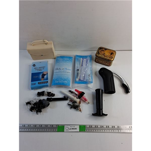 Knee Support, Jewelry Organizer, Teeth Whitening Kit, Coca Cola Tin Box, Wine Opener and Hair Clips