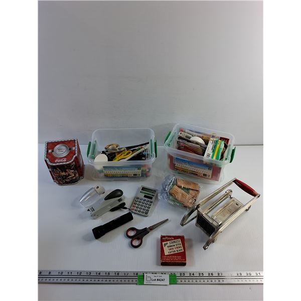 Various Office Supplies, Vintage Potato Cutter, Coca Cola Tin, Ribbon Style String Cutter Blade