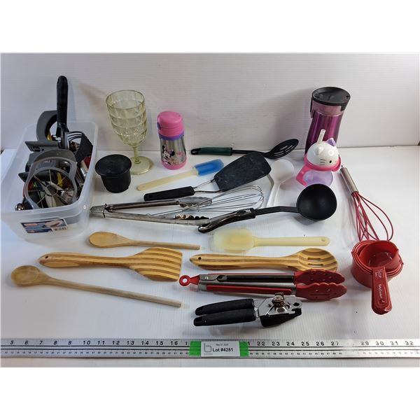 Kitchen Supplies, Water Bottle, Measuring Cups, Can Opener, Spatula and Misc