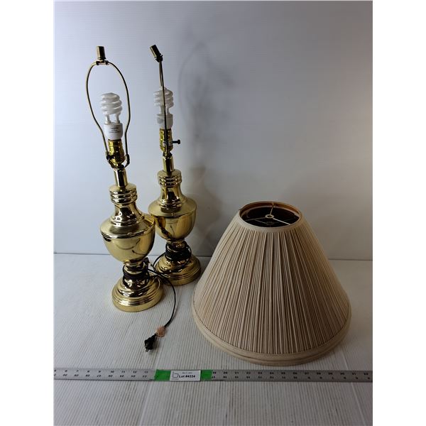 (2) Gold Colored Metal Lamps with Shades 26" Tall-Power On  -  Pick Up Only