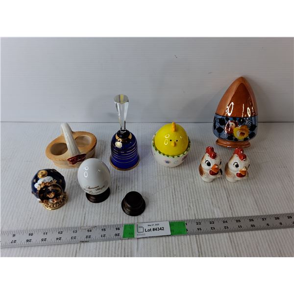 Ceramic Decorative Items- Salt & Pepper Shakers, Storage, Glass Bell, Misc.