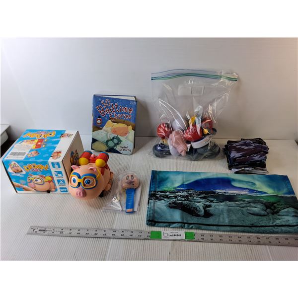 Miscellaneous Stress Balls, Neck Warmers, Interactive Pig Toy, Kids' Book