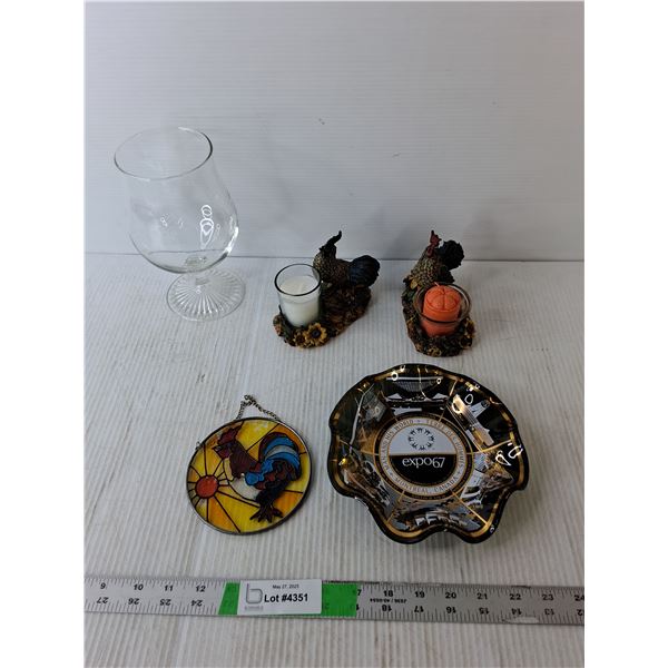 Rooster Painted Glass Decor, (2) Candleholders, Expo 67 Dish,  Misc.