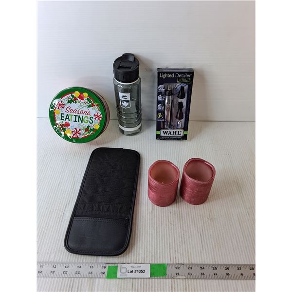 (2) Artificial Candles-Power On, Canada Curling Waterbottle, Wahl Lighted Trimmer- Appears New, Misc