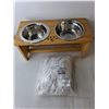 Image 2 : Dog Bowls & Wooden Stand 7" Tall, Hairnets-Sealed, (3) Crocheted Aprons
