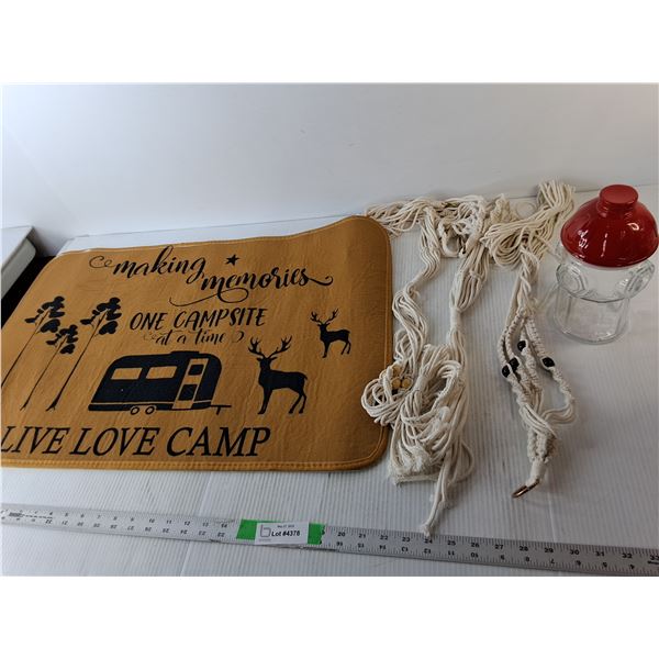 (3) Macrame Plant Hangers, Camping Mat, Glass Cookie Jar