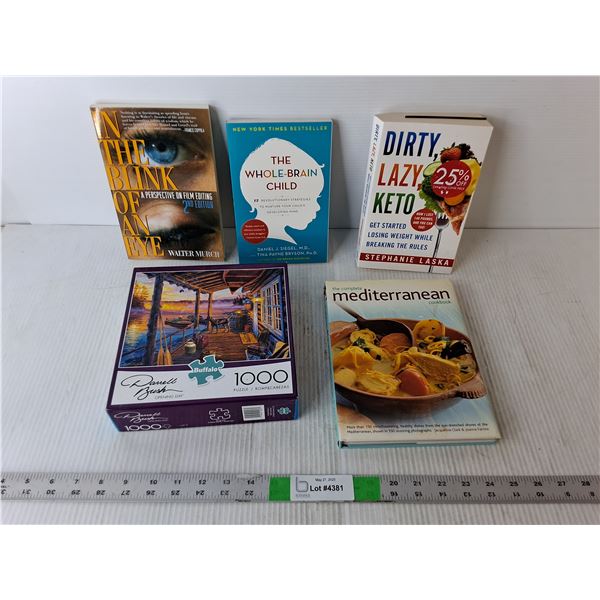 (4) Books- The Whole Brain Child, Mediterranean Cookbook, Misc.,1000 Piece Puzzle, As Is