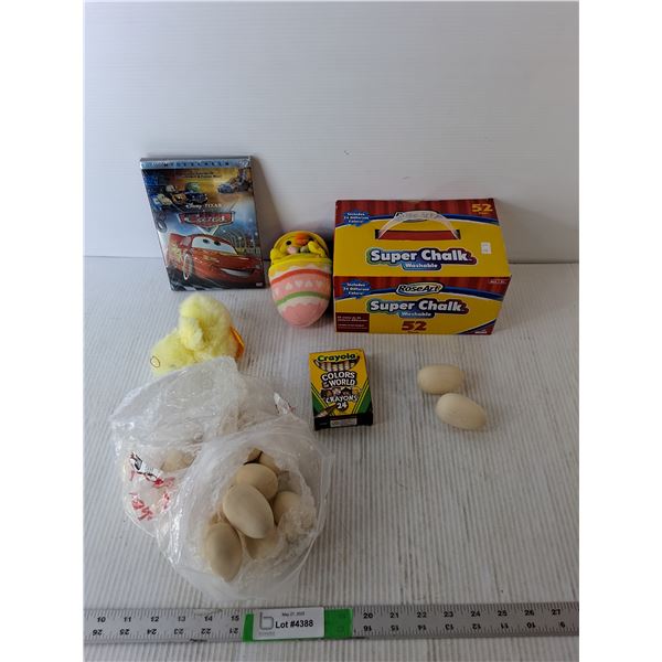 Kids' Lot- Sealed Cars DVD, Chalk, Wooden Decorative Eggs, Misc.