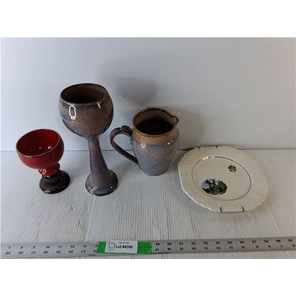 (2) Ceramic Goblets, Pitcher & Decorative RCMP Plate 8.5"