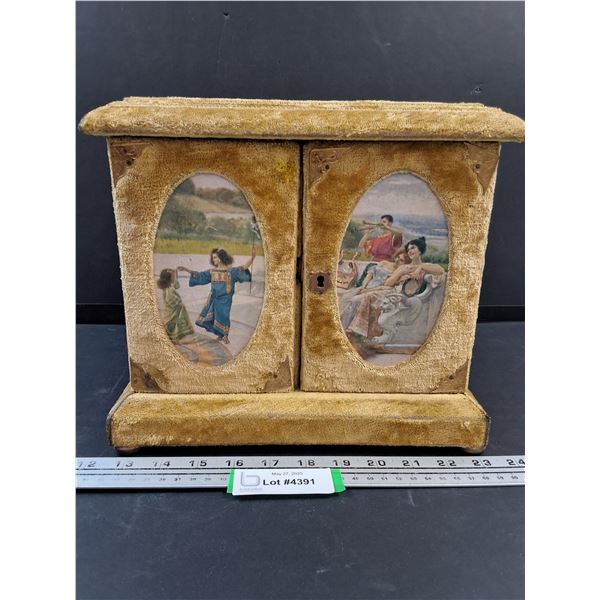 Velour Greecian Theme Jewelry Box w/ Drawers on Inside & Mirrors - 9.5" x 11" x 6"