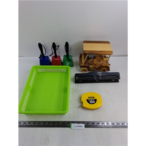 Wooden Table Decor Golf Cart 8" x 7" x 6", (3) Fan Cowbells, Office Tray, 3-Hole Punch, Stanley 100'