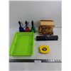 Image 1 : Wooden Table Decor Golf Cart 8" x 7" x 6", (3) Fan Cowbells, Office Tray, 3-Hole Punch, Stanley 100'