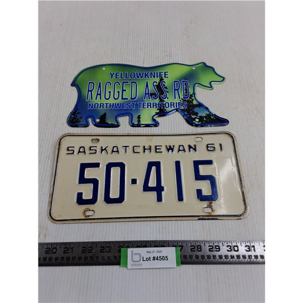 Vintage Saskatchewan 1961 License Plate, Vanity Plate "Ragged Ass Rd" NWT
