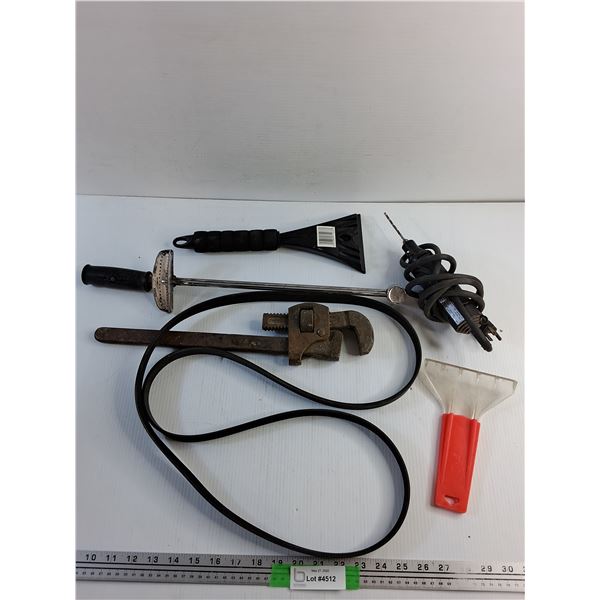 Windshield Scraper, Pipe Wrench, Torque Wrench, Dremel Tool and Engine Belt