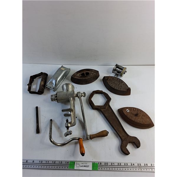 Meat Grinder, Irons, Wrench, Chisel, Fishing Reel and Misc