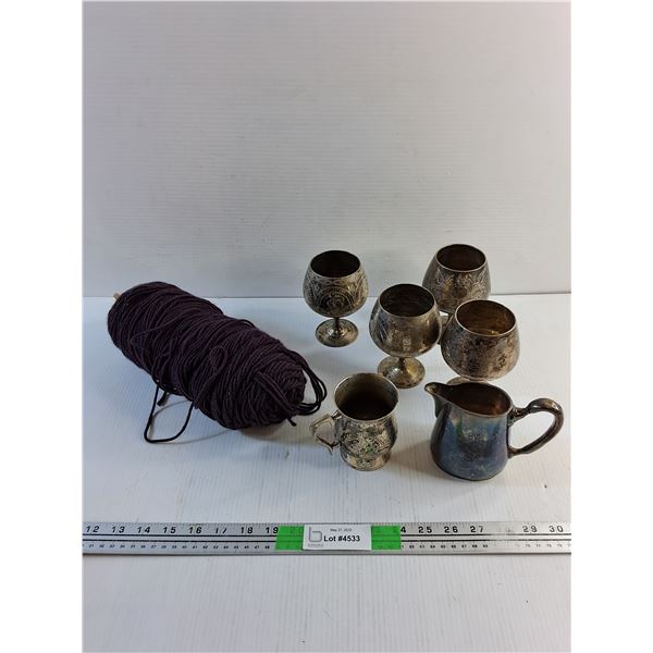 Silver Goblets, Cream/Sugar Set and Purple Yarn