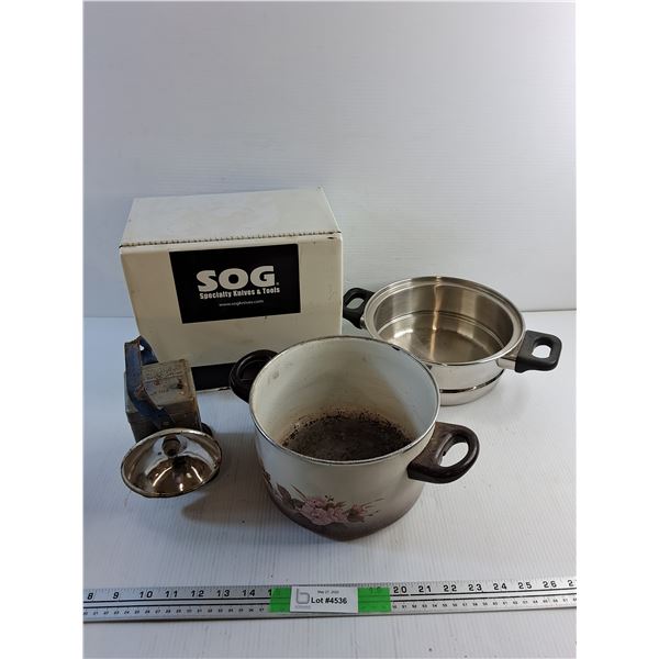 (2) Cooking Pots, Vintage Light and Paper Towel Distributor