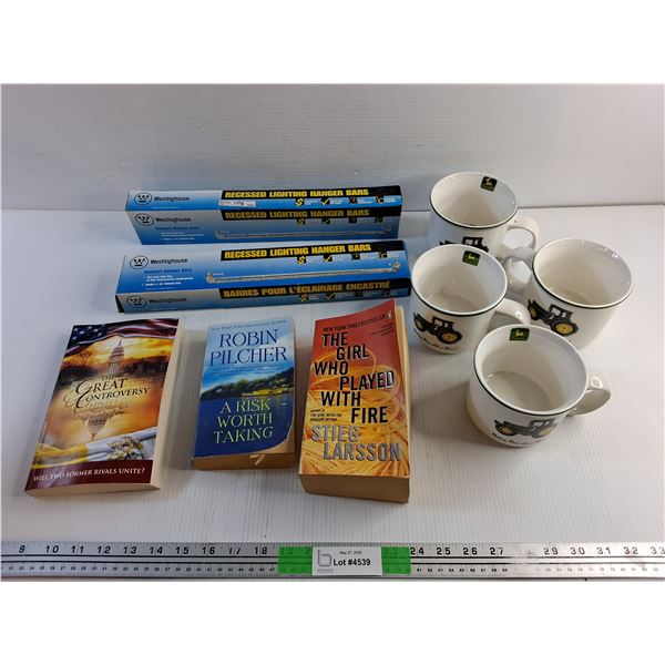 (2) Recessed Lighting Hanger Bars, (4) John Deere Mugs and (3) Various Books