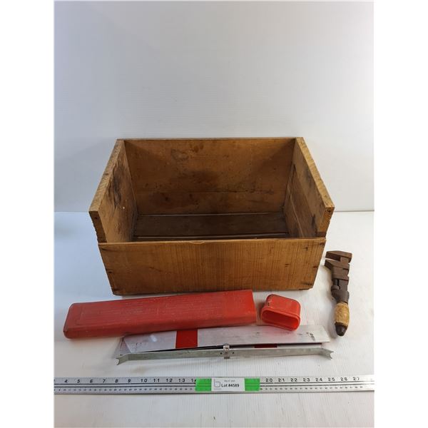 Traffic Hazard Triangle, Pipe Wrench and Wooden Crate