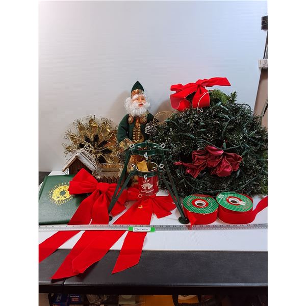 Christmas Lot: Wreath, Santa, Tree Stand, Book, Ribbon & Bows, Misc