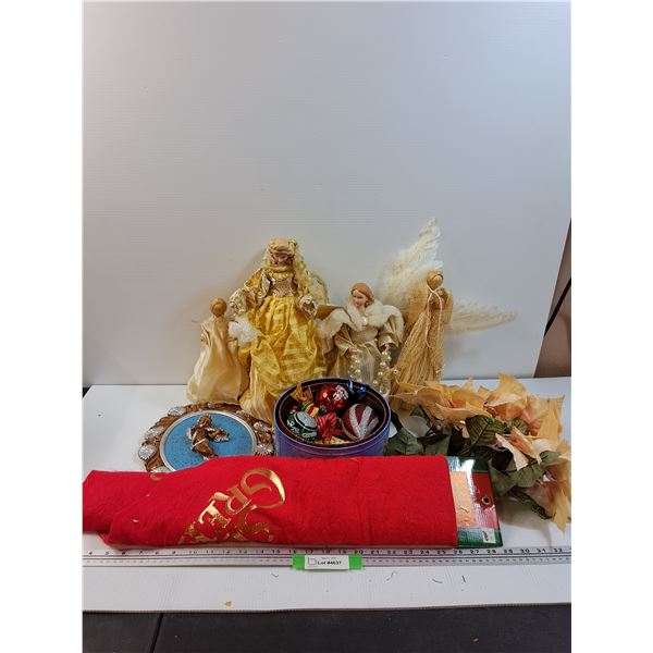 Christmas Lot: Angels, Tree Skirt, Ornaments in Tin, Poinsettas, Misc