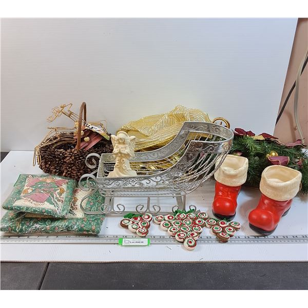 Christmas Lot: Angel Hot Pads, Sleighs, Pine Cone Basket, Santa Boots, Angel Candle Holder, Misc