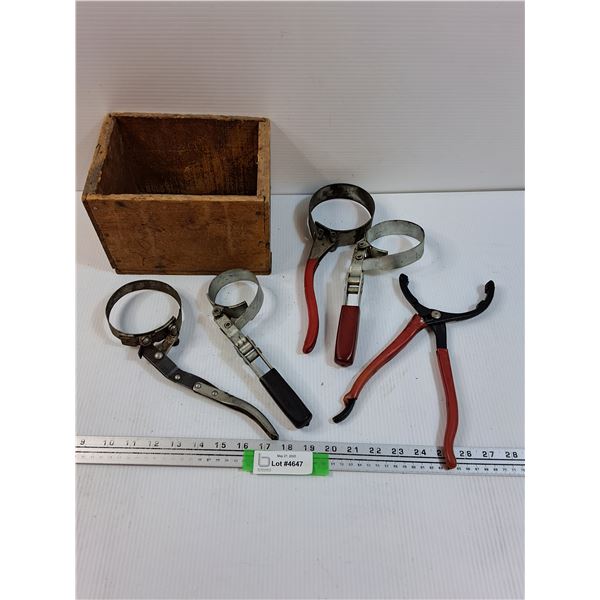 Wooden Storage Box, (4) Oil Filter Wrenches, Oil Filter Pliers